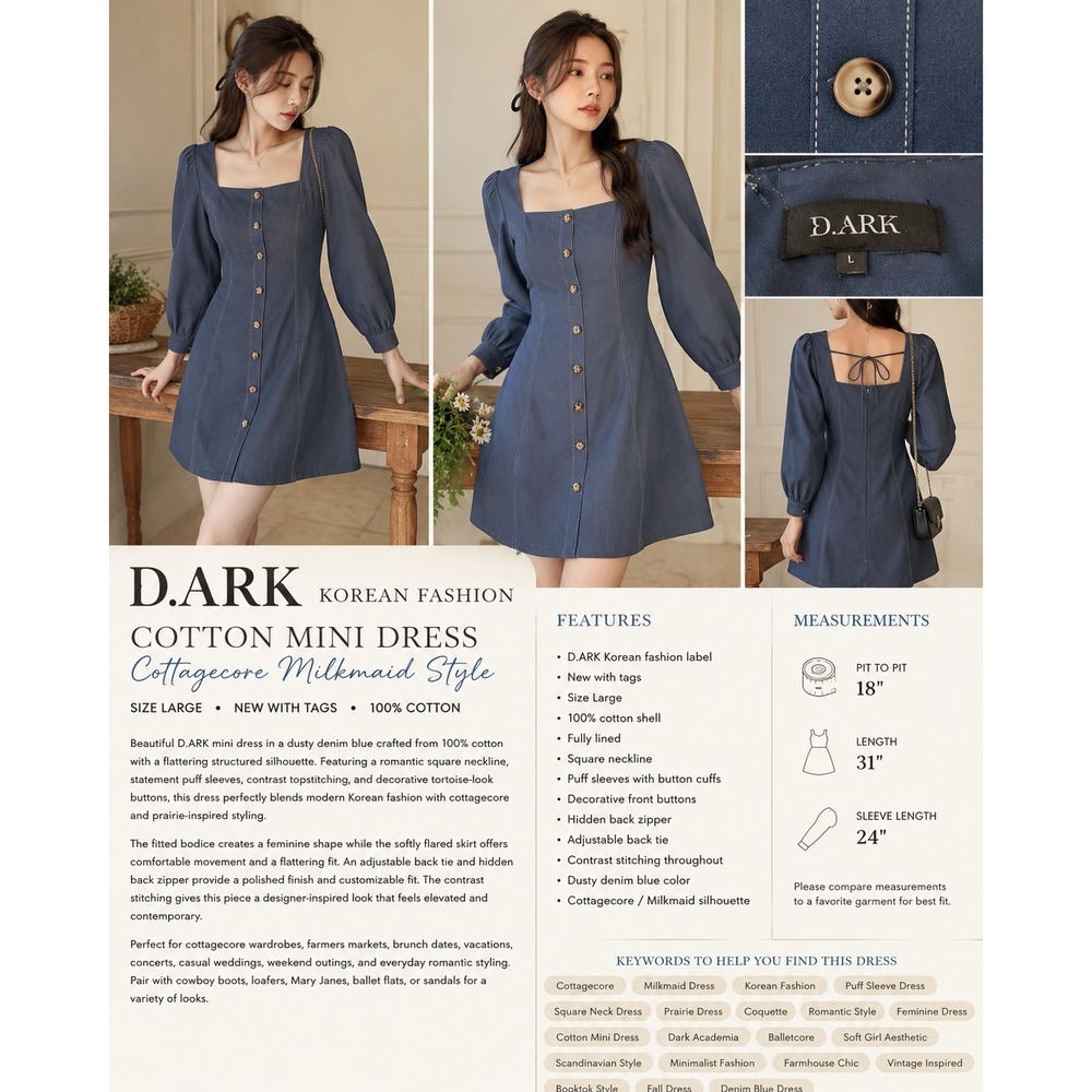 D.ARK Blue Cotton Mini Dress Cottagecore Milkmaid Puff Sleeve Square Neck L NEW‎